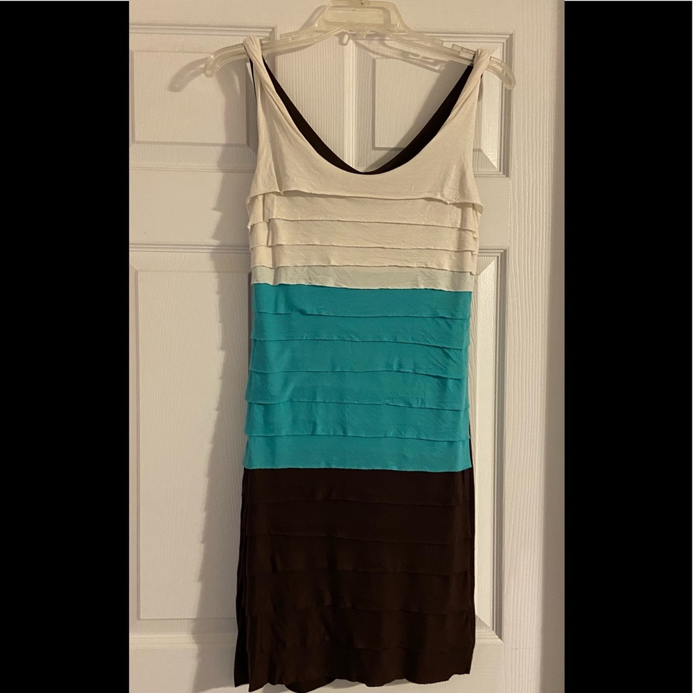Allen B. By Allen Schwartz Cream, Turquoise and Dark Brown Ruffled Dress Size S